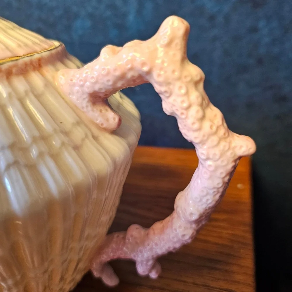 Belleek Ireland Neptune Teapot Pink Coral Handle Parian China Green Mark 0857
